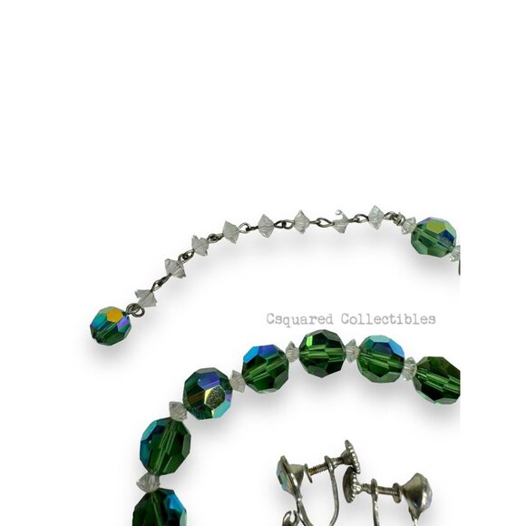 Green Aurora Borealis Crystal Screwback Earring Necklace 12"-15" Hook Clasp Set - Picture 6 of 6